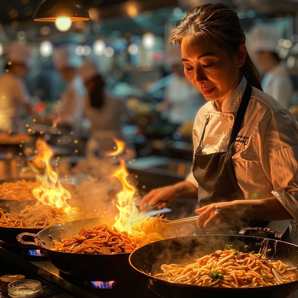 Asiatische Köchin mittleren Alters beim Kochen im Restaurant | Midjourney