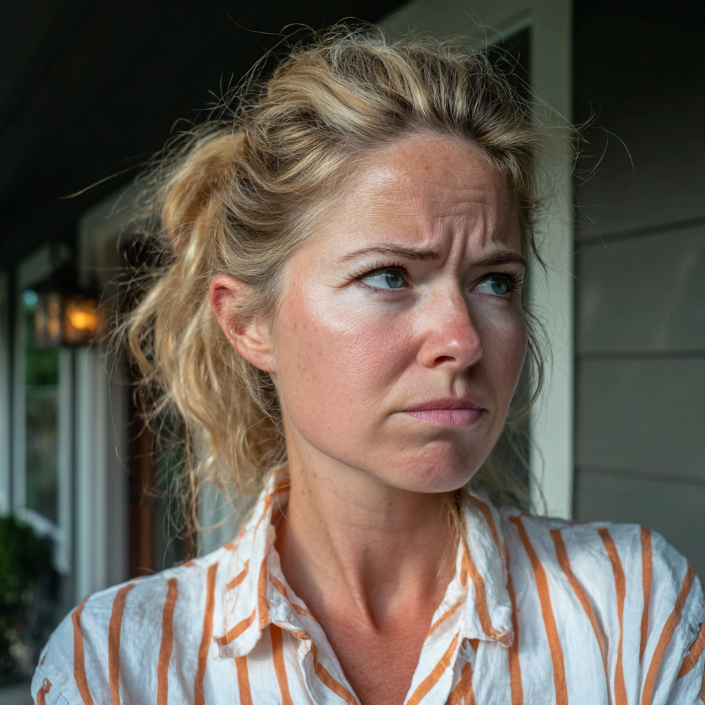 Eine aufgebrachte Frau auf einer Veranda | Quelle: Midjourney