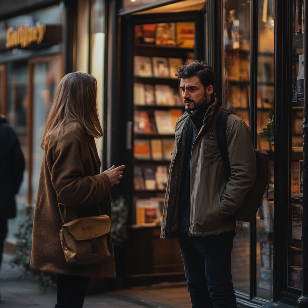 Menschen unterhalten sich vor einer Buchhandlung | Quelle: Midjourney