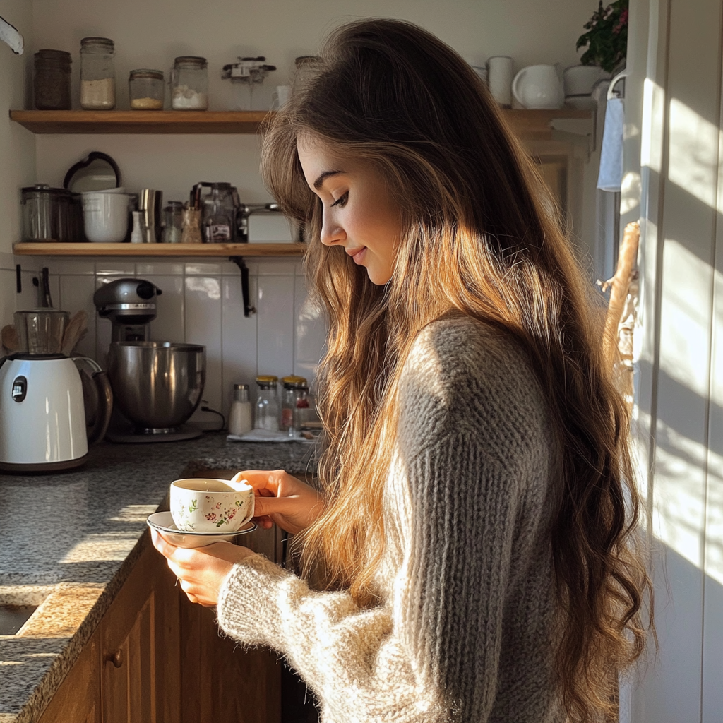 Ein junges Mädchen mit einer Tasse Tee in der Hand | Quelle: Midjourney