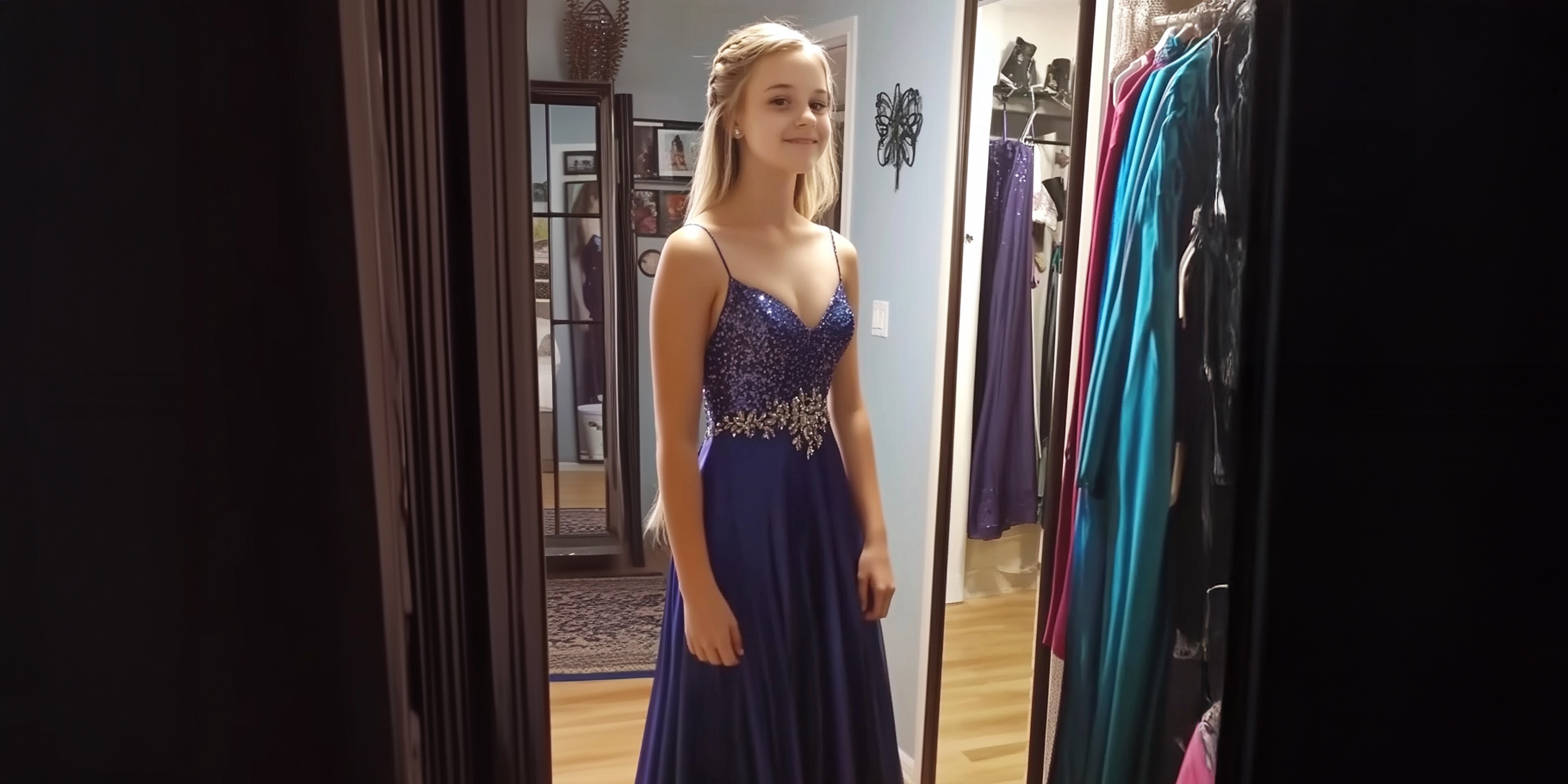 Teenager-Mädchen in einem glitzernden blauen Kleid, lächelnd vor einem Spiegel | Quelle: Getty Images