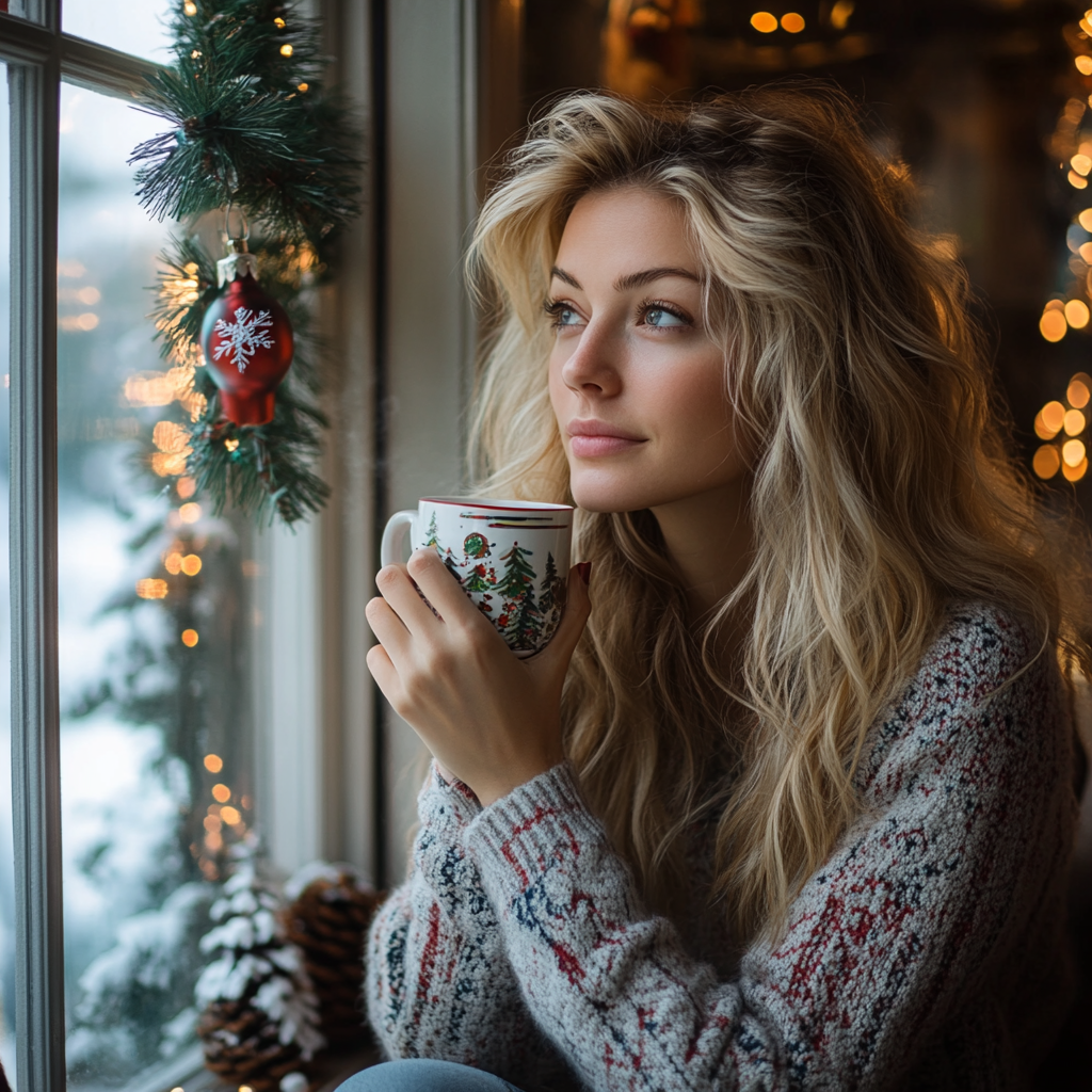 Eine Frau, die am ersten Weihnachtstag Kaffee trinkt und aus dem Fenster schaut | Quelle: Midjourney