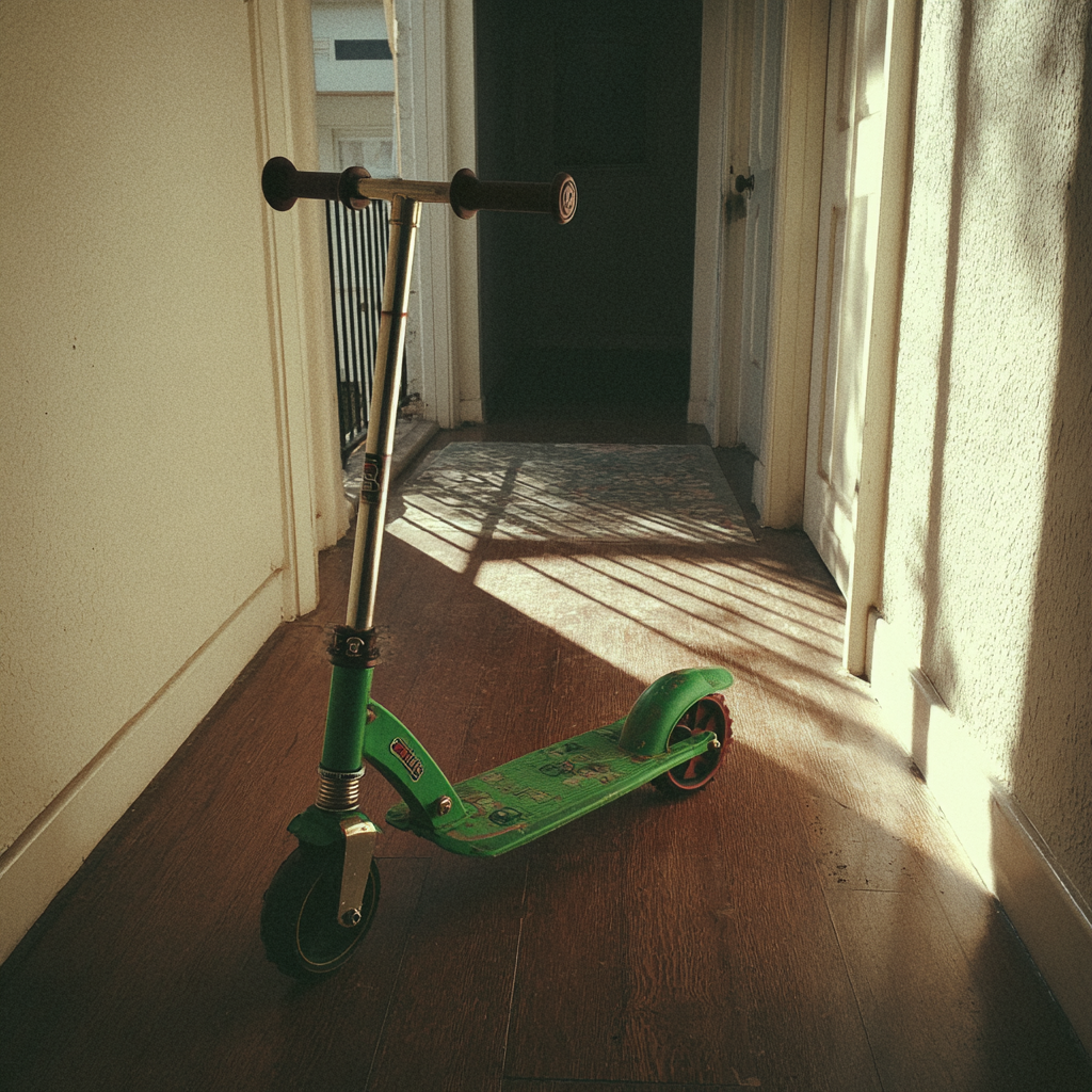 Ein grüner Roller in einem Hausflur | Quelle: Midjourney