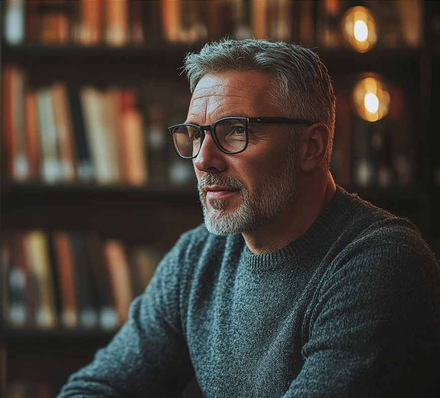 Ein reifer Mann, der an einem Buchclubtreffen in einer Bibliothek teilnimmt | Quelle: Midjourney