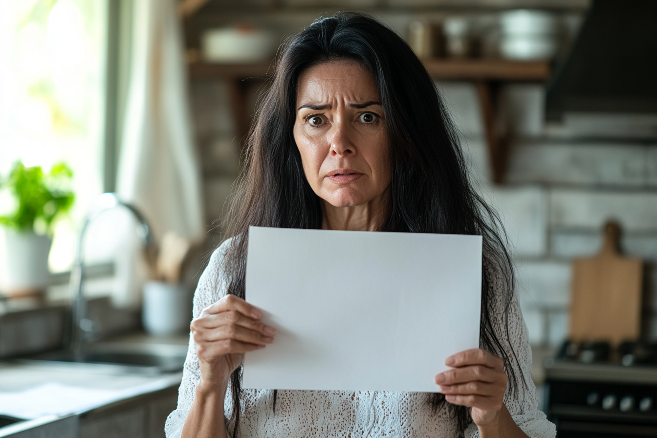 Eine Frau mit gebrochenem Herzen in einer Küche, die ein Papier hält | Quelle: Midjourney