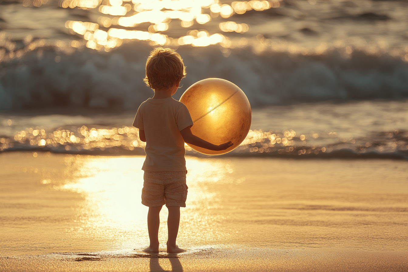 Ein kleiner Junge, der am Strand steht und einen Ball hält | Quelle: Midjourney