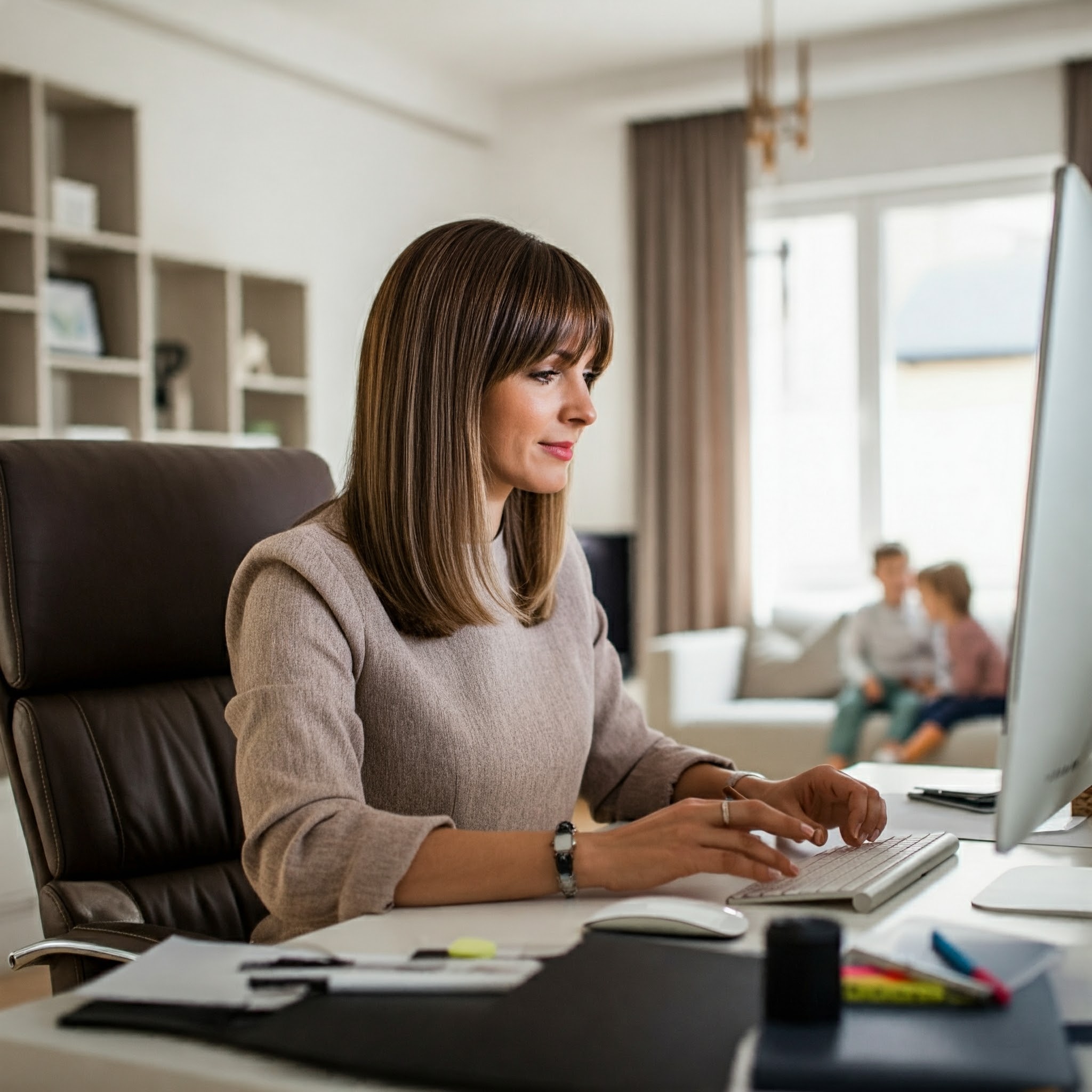 Eine Frau, die einen Computer benutzt, während zwei Kinder auf einem Sofa im Hintergrund sitzen | Quelle: Gemini