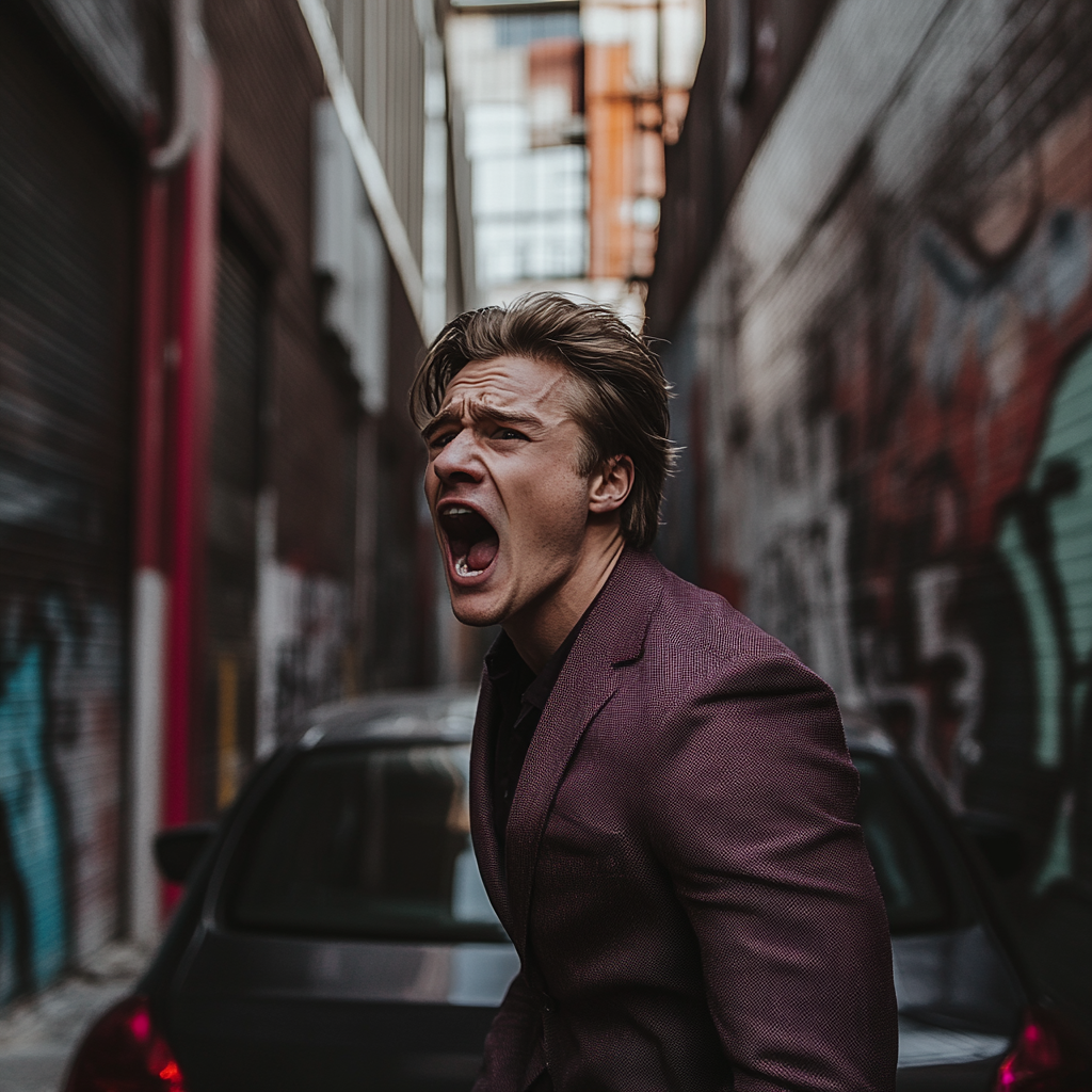 Ein Mann mit einem kastanienbraunen Blazer schreit in einer Gasse | Quelle: Midjourney