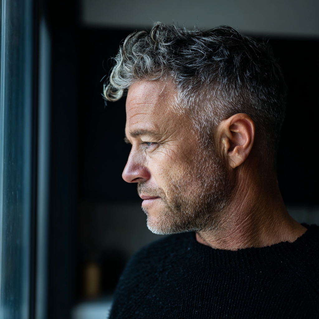 Ein Mann schaut aus einem Küchenfenster | Quelle: Midjourney