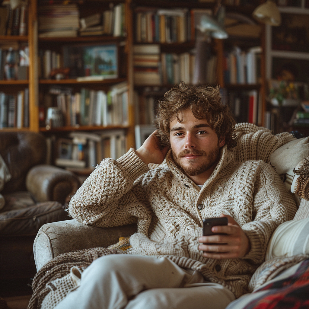 Ein Mann mit seinem Telefon auf seiner Couch | Quelle: Midjourney