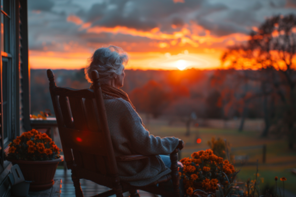 Eine ältere Frau, die an einem warmen Abend auf der Veranda sitzt | Quelle: Midjourney