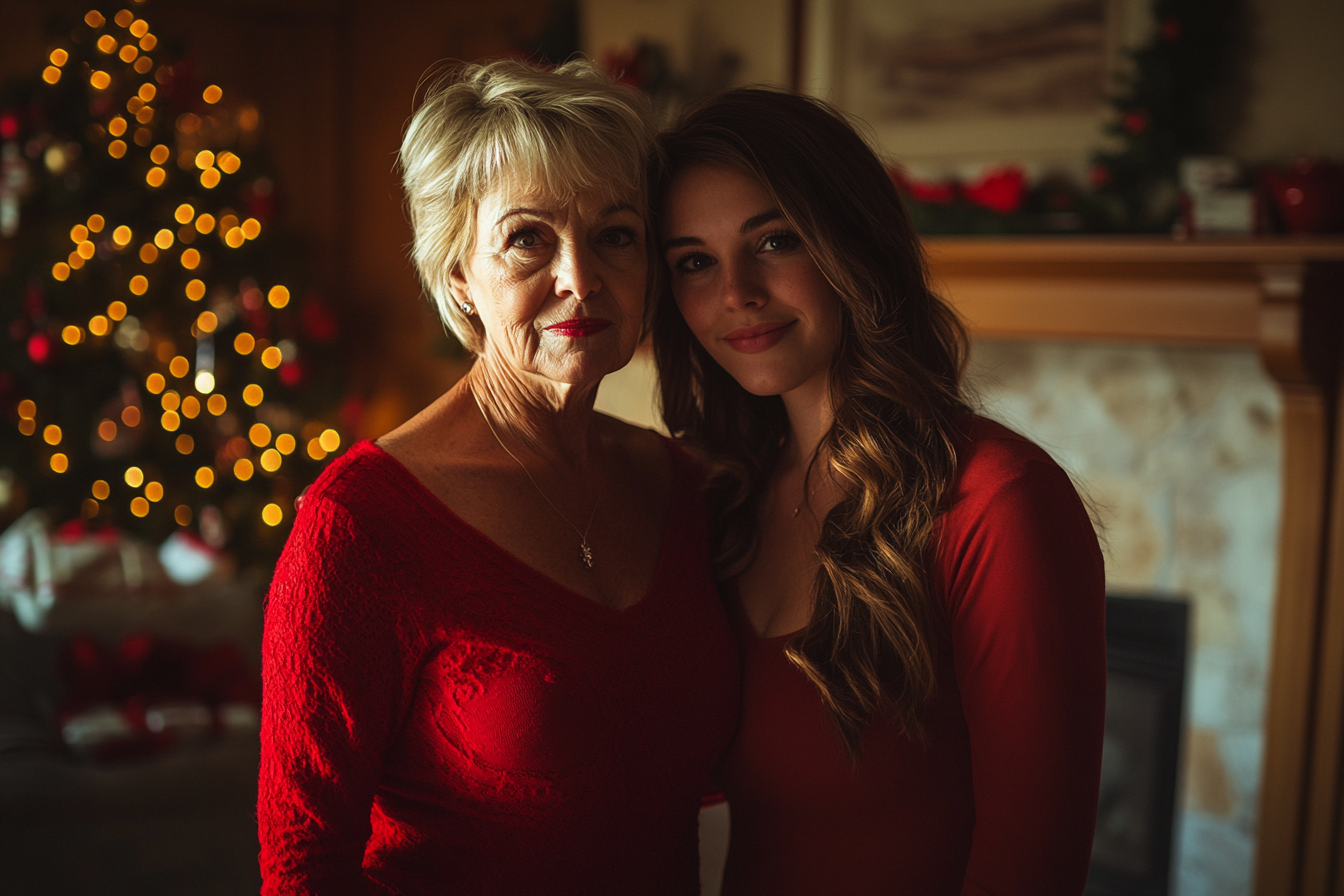 Eine Frau in den 60ern und ihre Schwiegertochter posieren für ein Foto vor dem Kamin und dem Weihnachtsbaum | Quelle: Midjourney