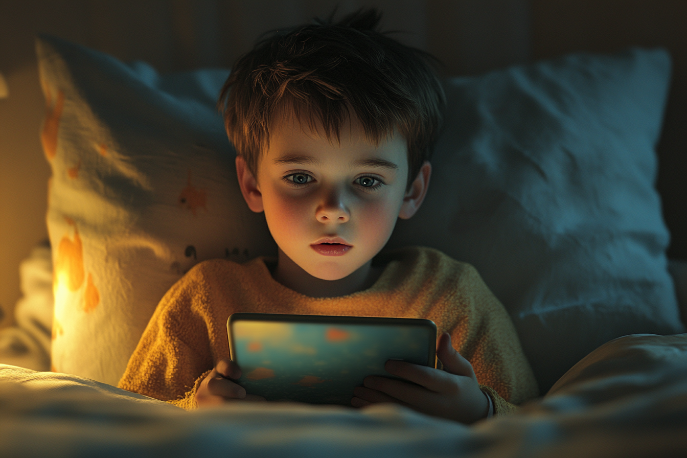 Ein Junge benutzt ein Kindertablet im Bett | Quelle: Midjourney