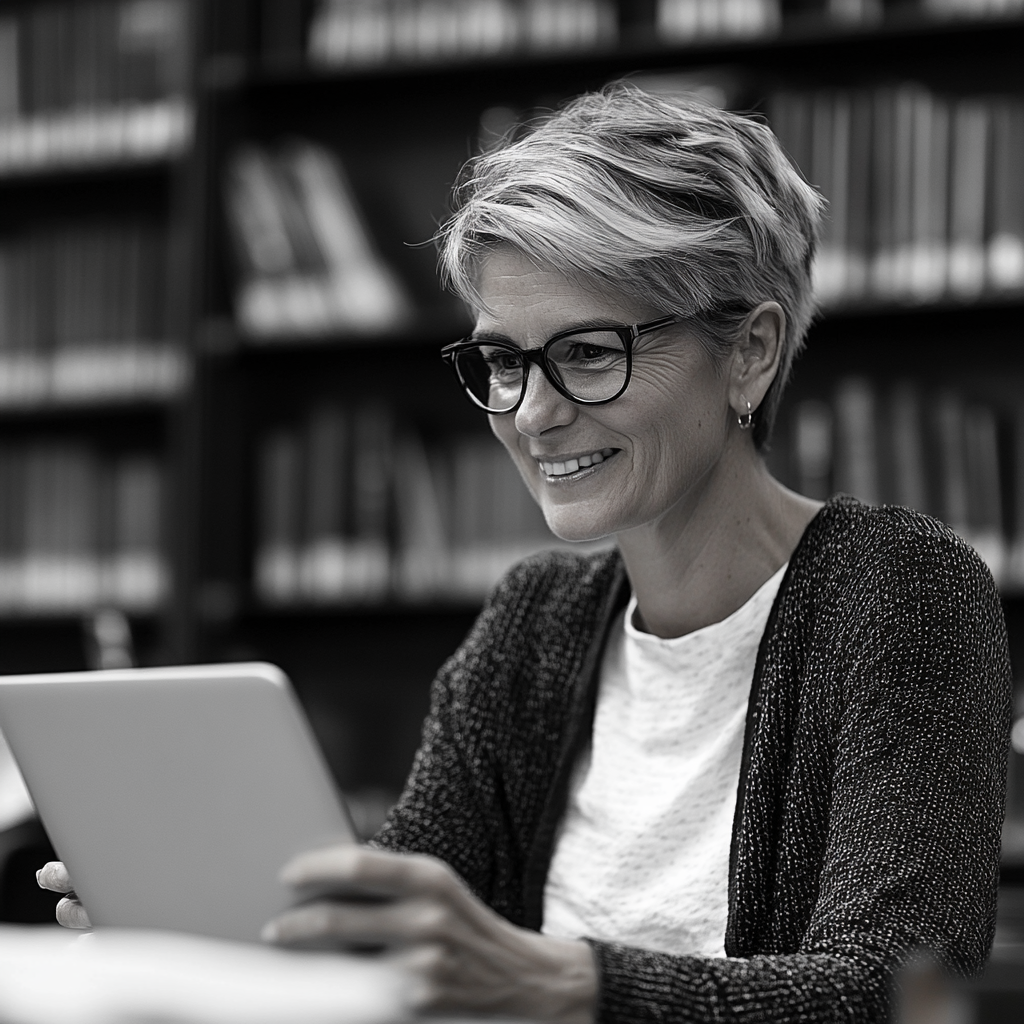 Eine glückliche Frau in einer Bibliothek | Quelle: Midjourney