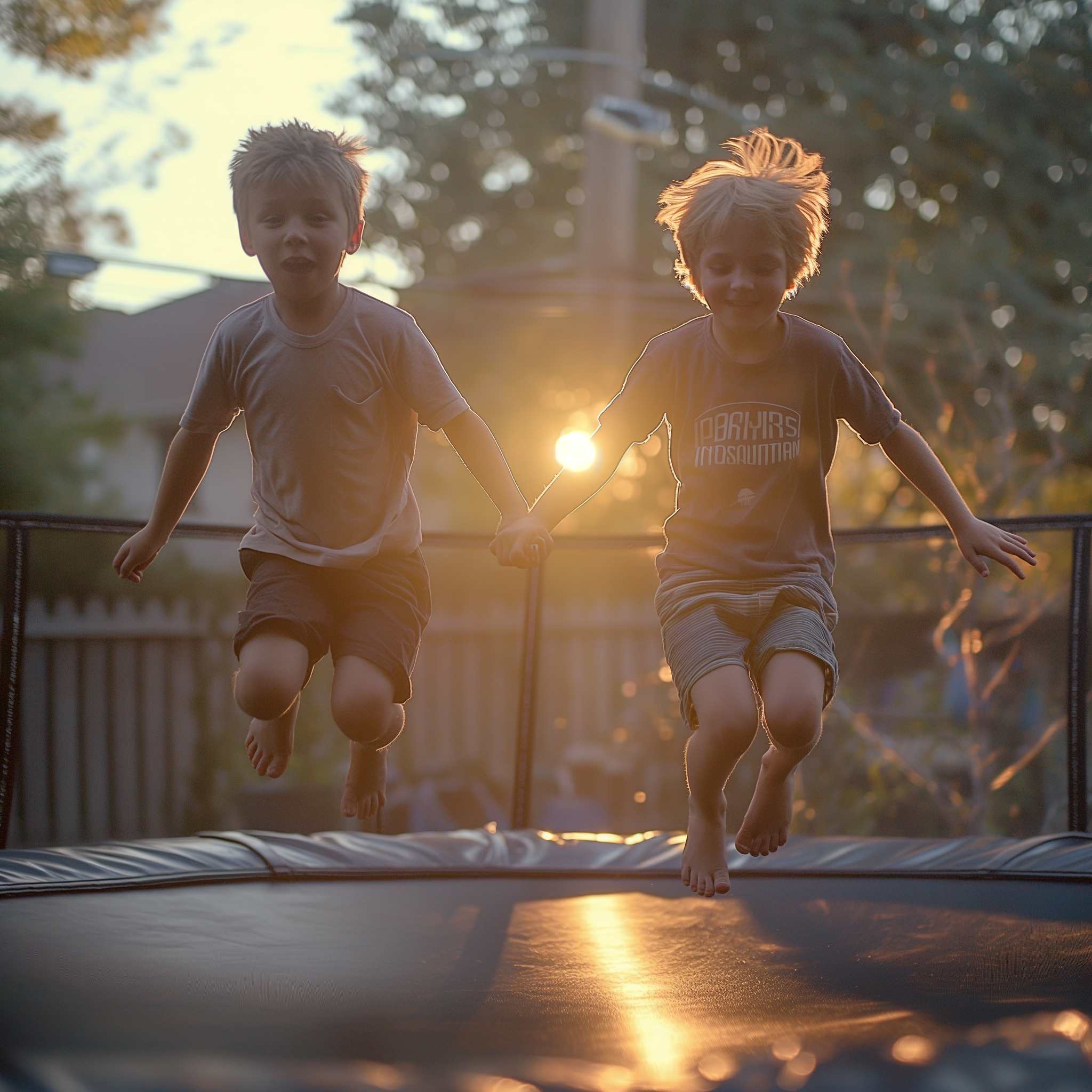 Zwei glückliche Jungen spielen zusammen auf einem Trampolin | Quelle: Midjourney