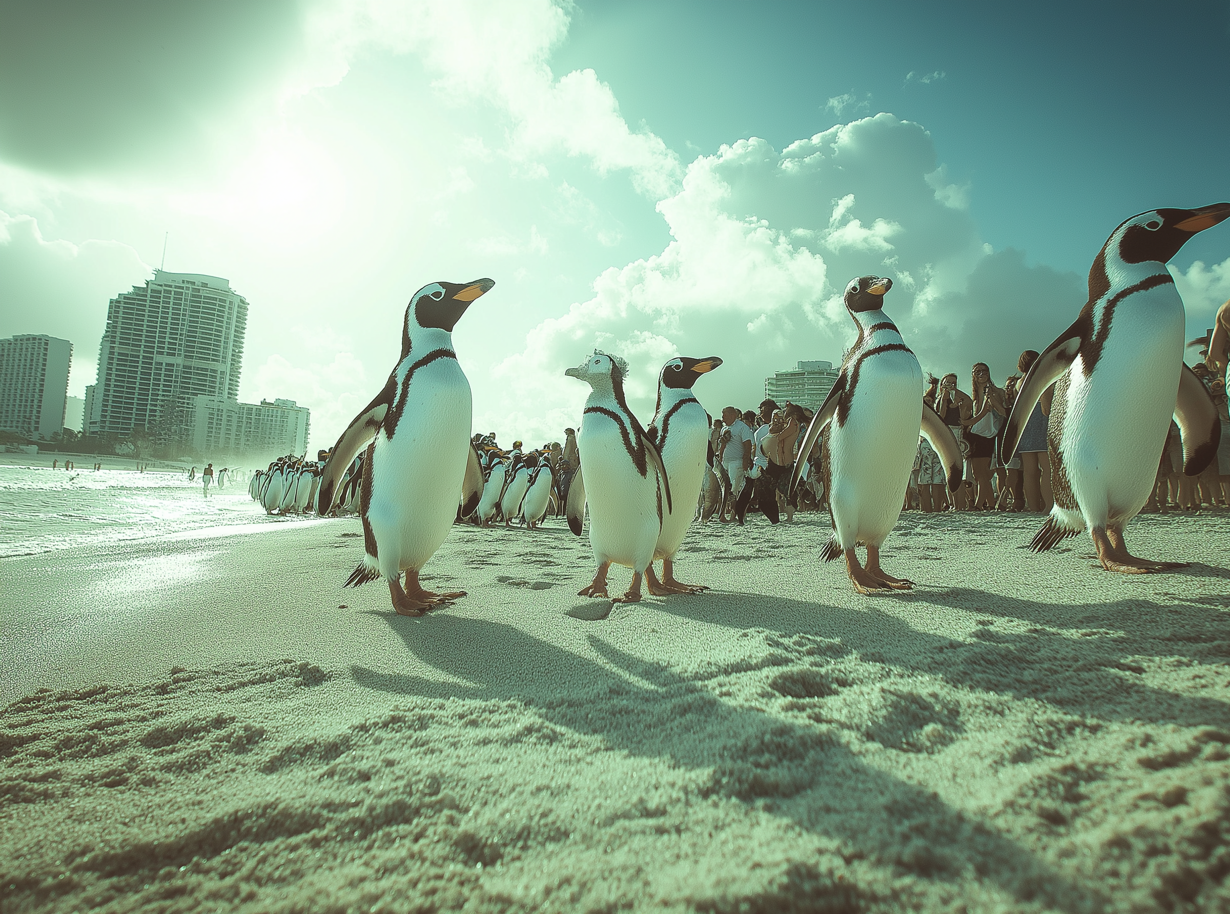 Pinguine, die durch einen normalen sonnigen Strand laufen | Quelle: Midjourney