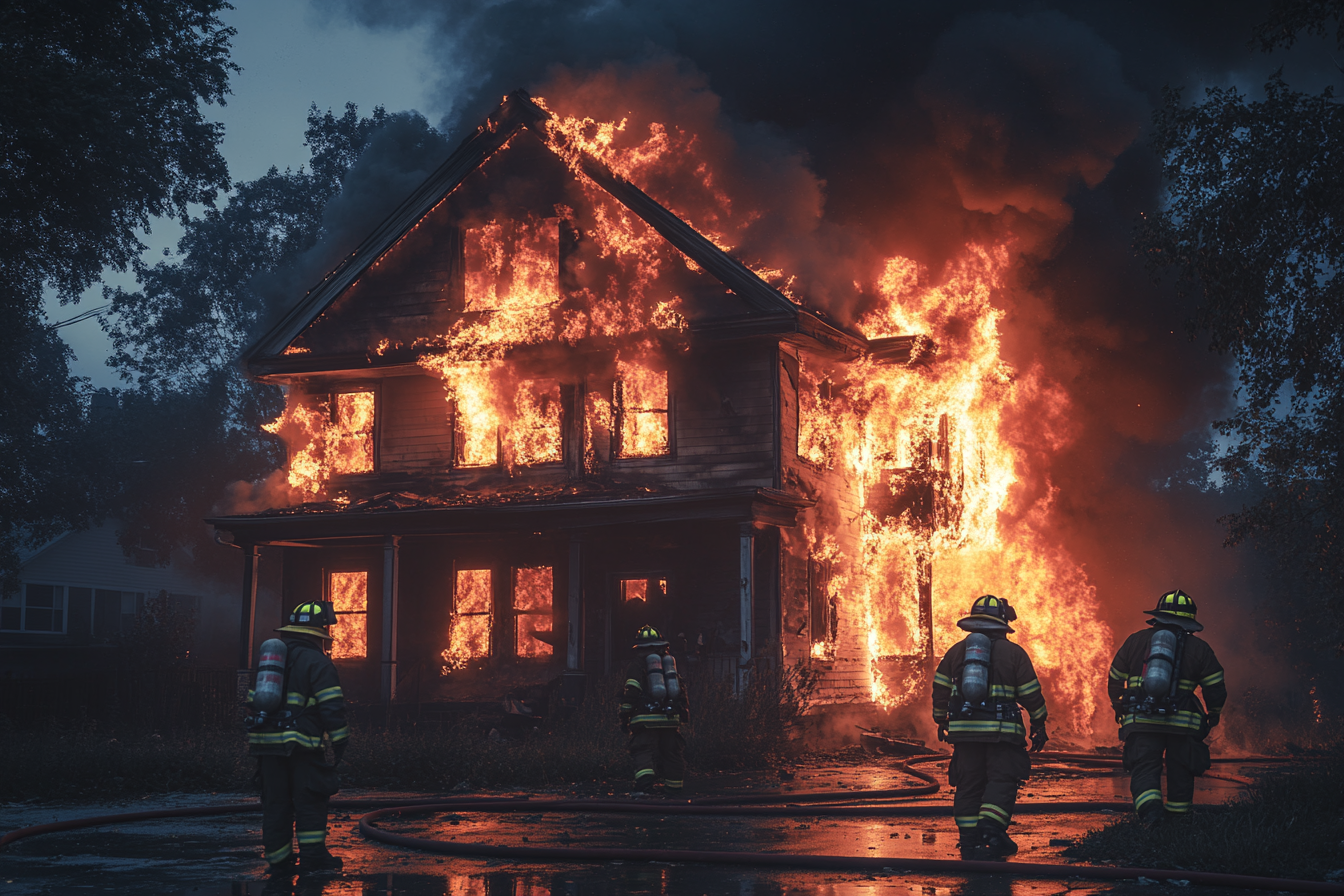 Feuerwehrleute beim Löschen eines Hausbrandes | Quelle: Midjourney