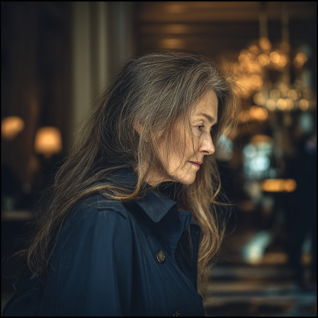 Eine ältere Frau trägt einen marineblauen Trenchcoat | Quelle: Midjourney