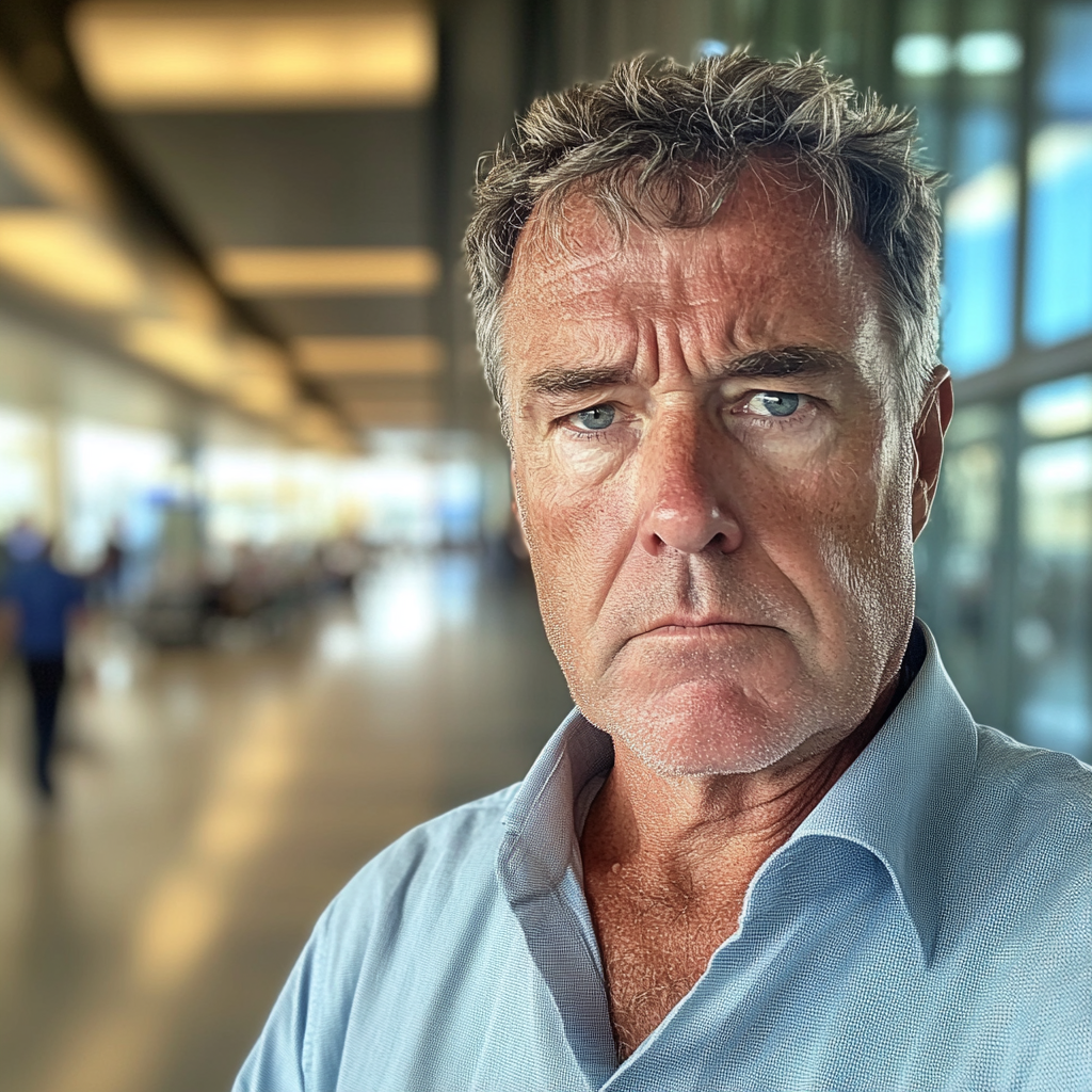 Ein verärgerter älterer Mann, der in einem Flughafen steht | Quelle: Midjourney