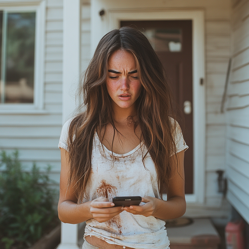 Eine aufgebrachte Frau, die auf ein Telefon schaut | Quelle: Midjourney