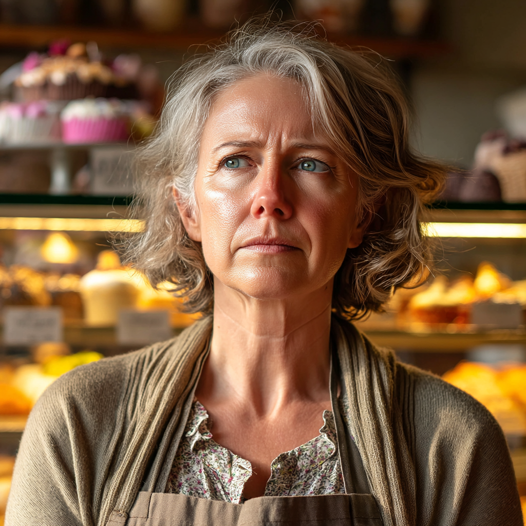 Eine traurige Frau mittleren Alters, die in einer Bäckerei steht | Quelle: Midjourney
