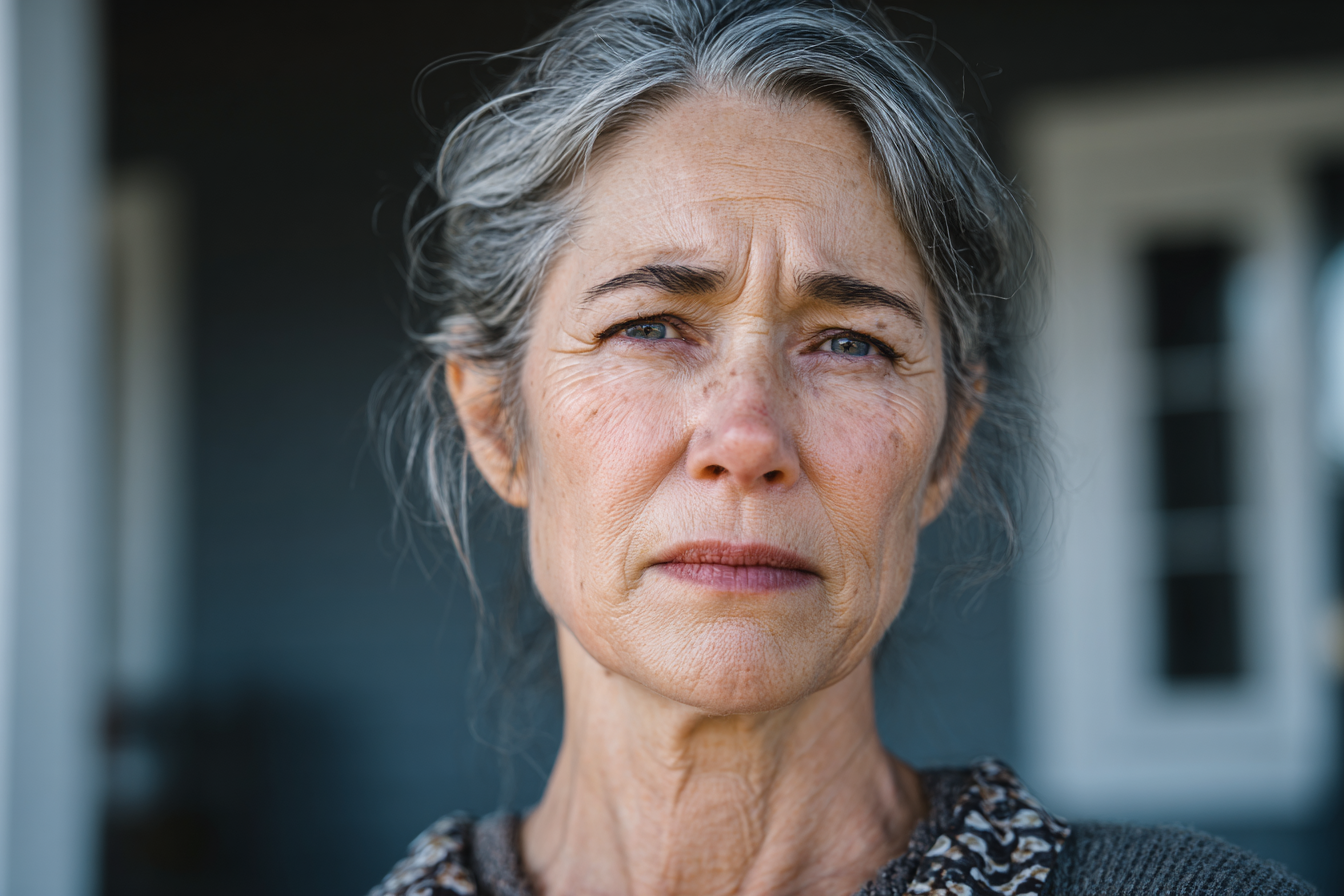 Eine ältere Frau steht vor ihrem Haus | Quelle: Midjourney