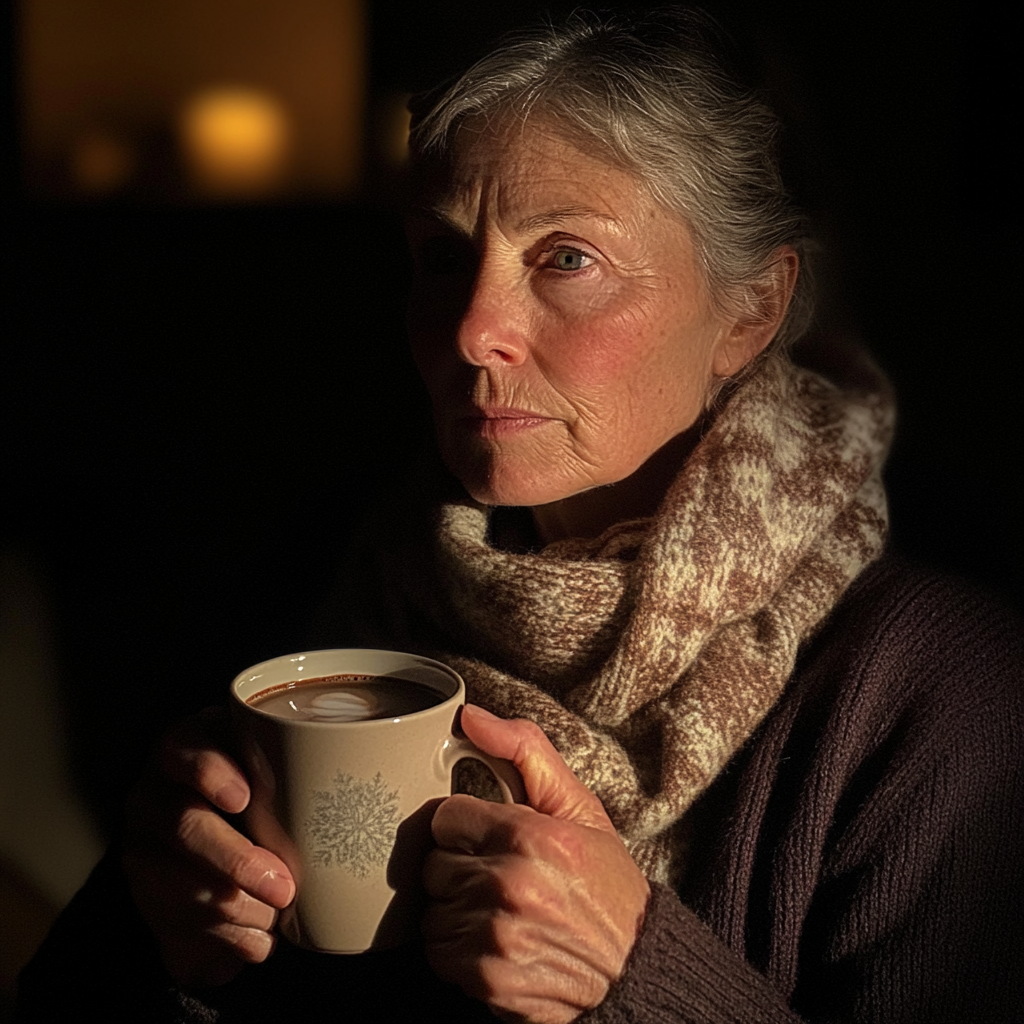 Eine ältere Frau mit einer Tasse heißer Schokolade in der Hand | Quelle: Midjourney