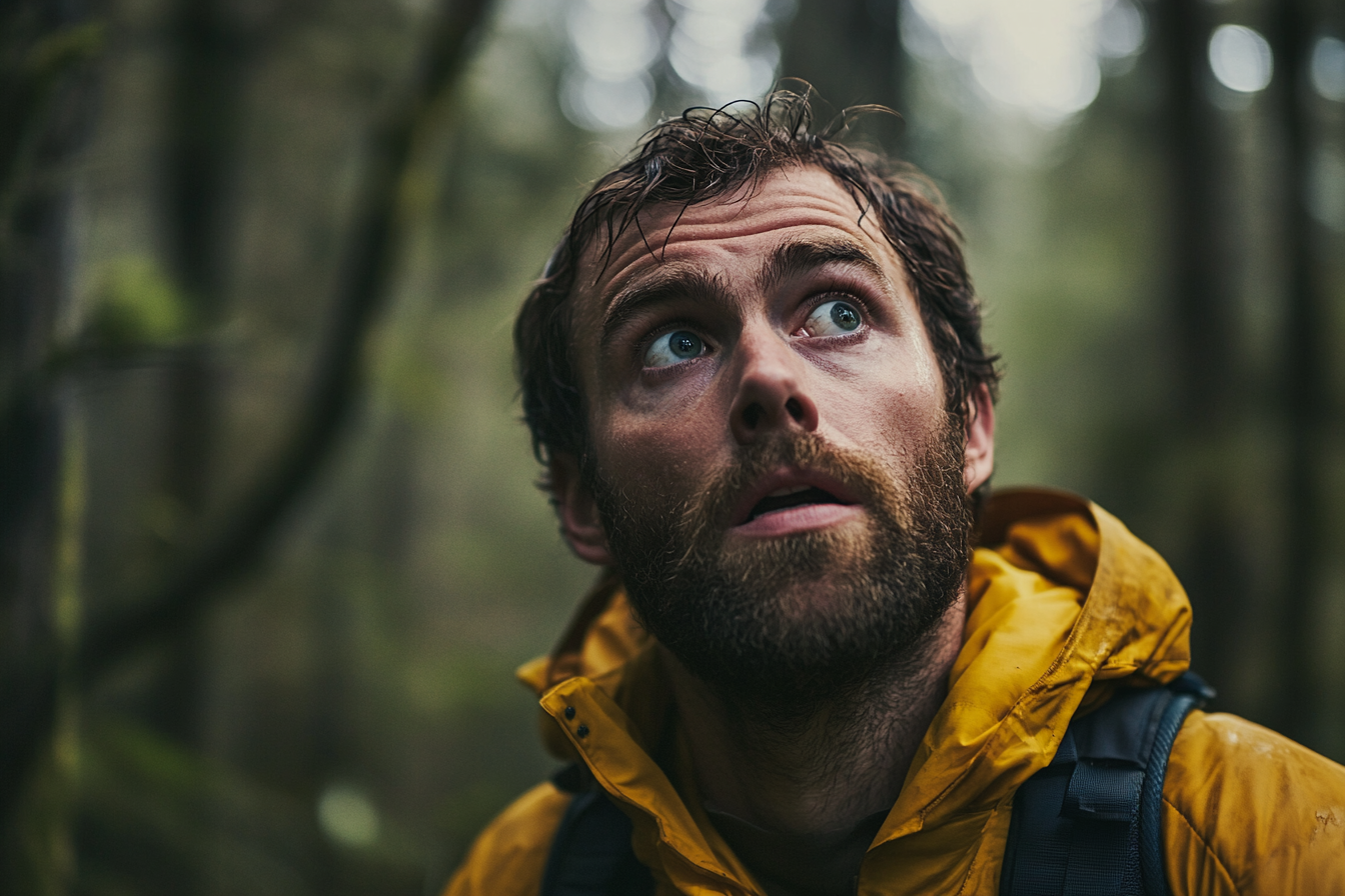 Ein Mann starrt ängstlich in einen Wald | Quelle: Midjourney