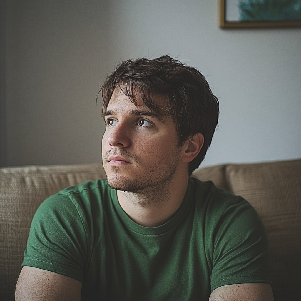 Ein junger Mann sitzt auf einer Couch | Quelle: Midjourney