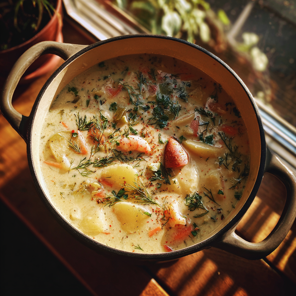Garnek zupy chowder | Źródło: Midjourney