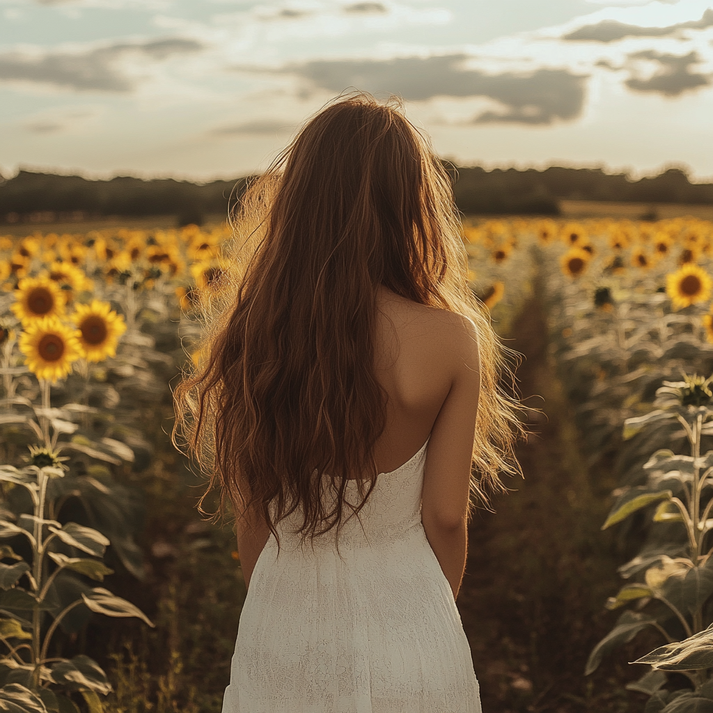 Eine Frau steht in einem Sonnenblumenfeld | Quelle: Midjourney