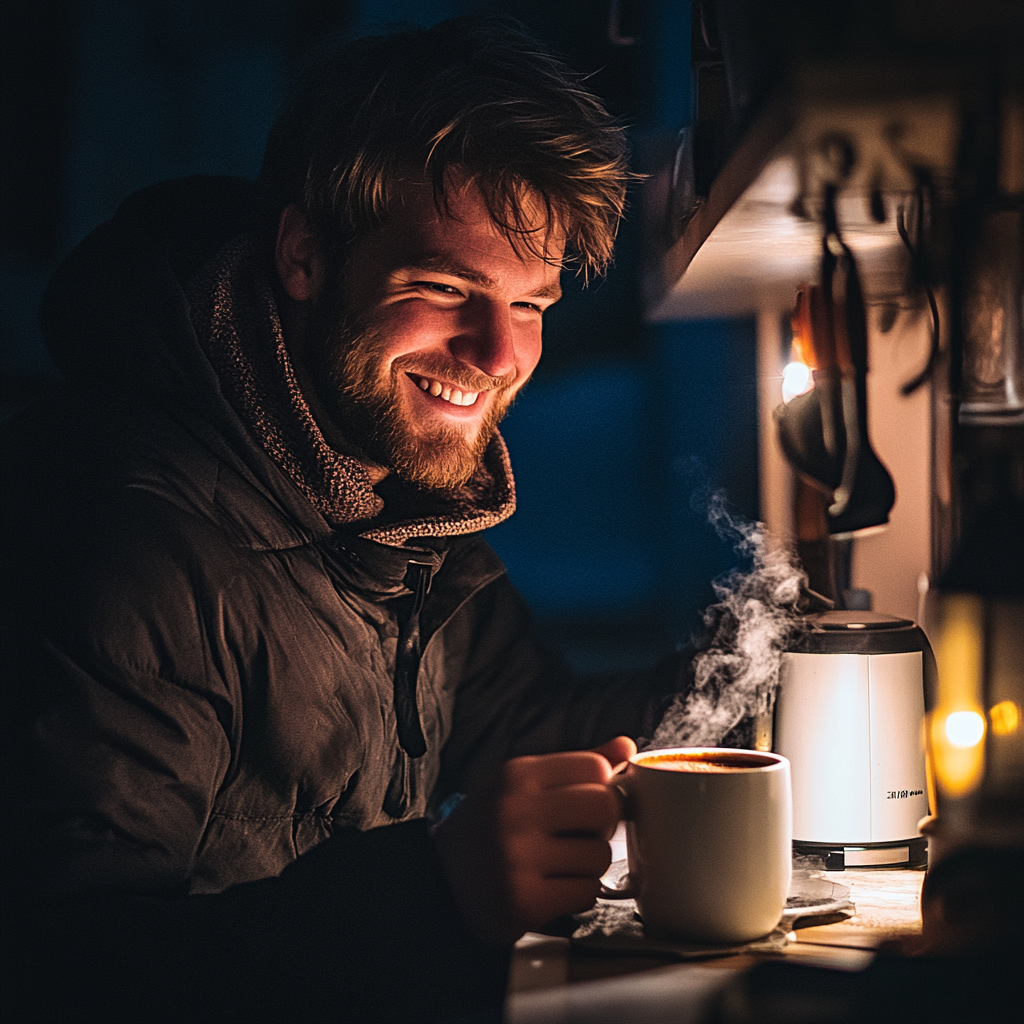 Ein Mann lächelt, während er abends in der Küche einen Becher heißen Kakao in der Hand hält | Quelle: Midjourney