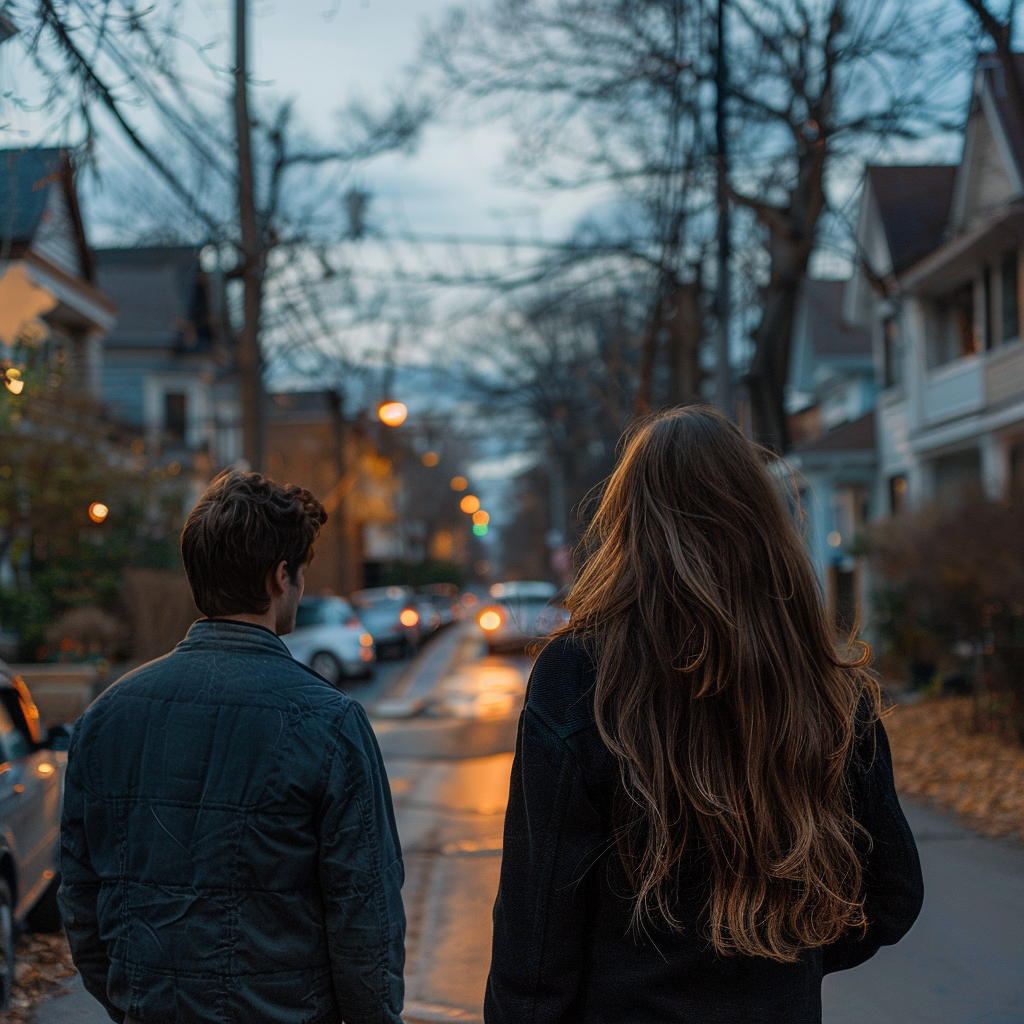 Lisa und Jake unterhalten sich, während sie eine Straße entlanggehen | Quelle: Midjourney