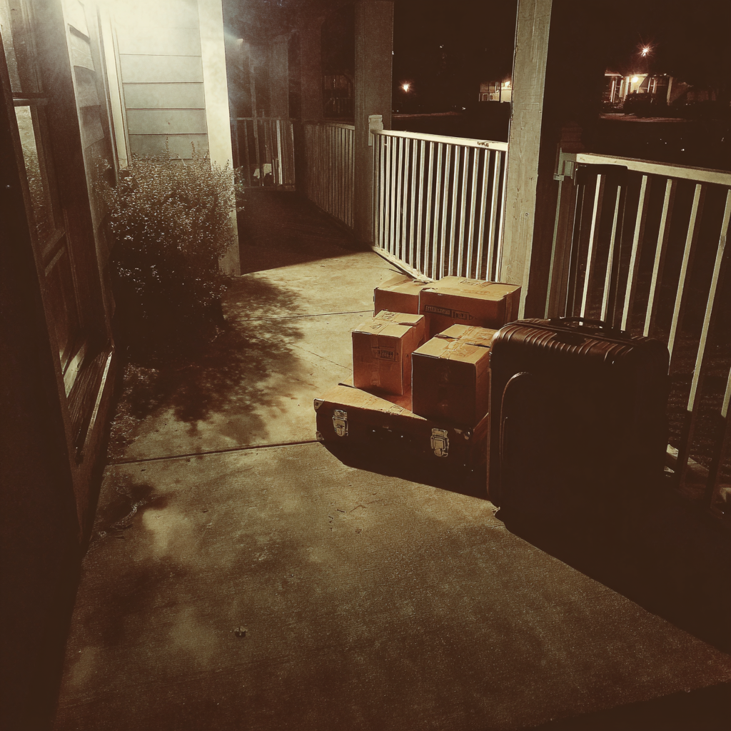 Pappkartons und Koffer auf einer Veranda | Quelle: Midjourney