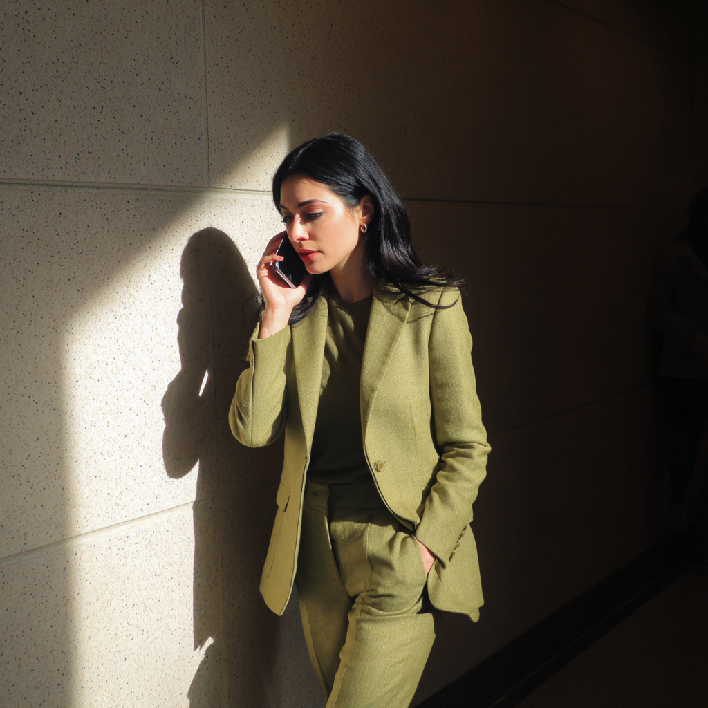 Eine Frau trägt einen grünen Hosenanzug | Quelle: Midjourney