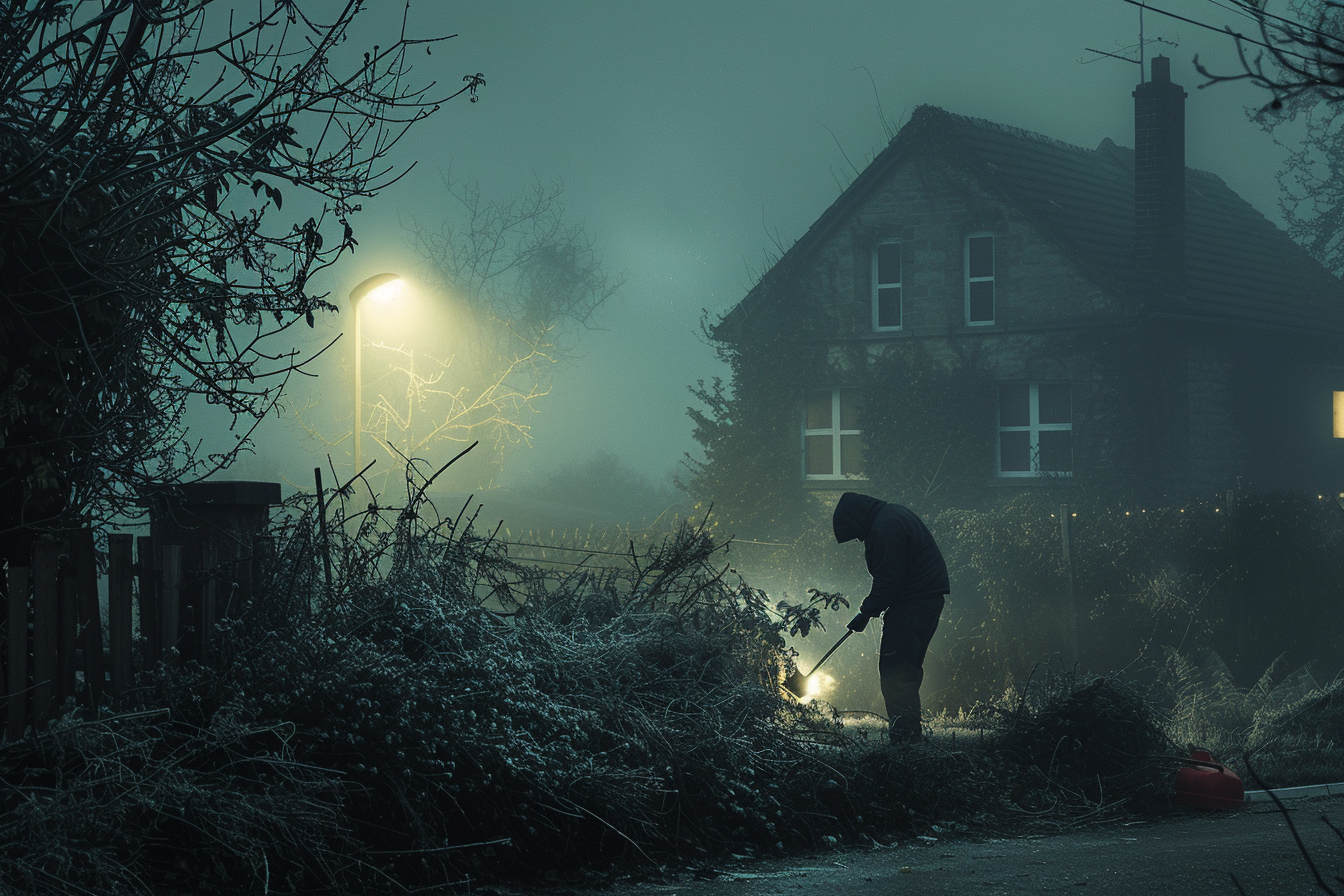 Dämmerungsaufnahme eines Mannes, der eine Hecke mit einer Baumschere schneidet | Quelle: Midjourney