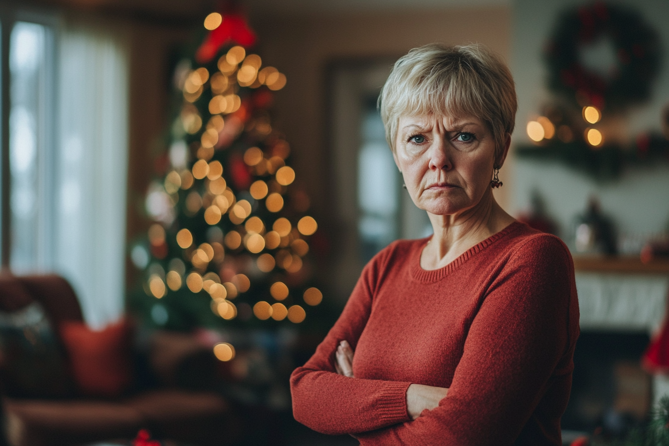 Wütende Frau in den 60ern in einem Wohnzimmer mit einem Weihnachtsbaum | Quelle: Midjourney