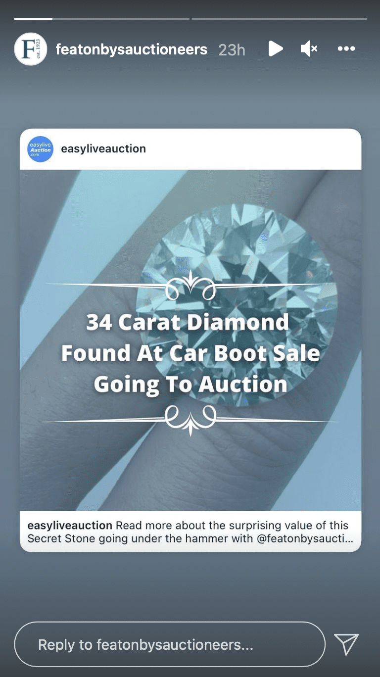 Der 34-karätige Diamant wird am 30. November versteigert. | Quelle: Instagram.com/featonbysauctioneers