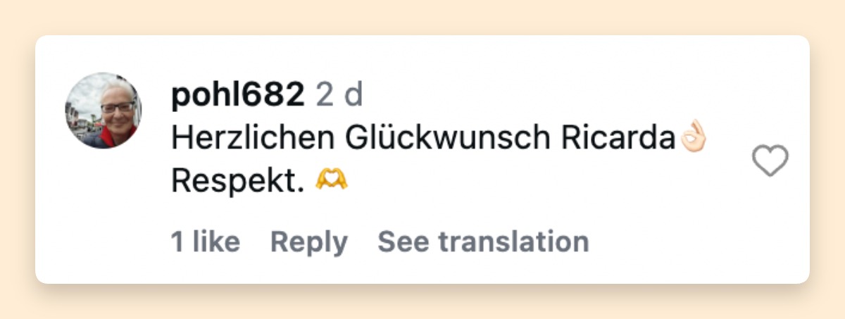 Der Kommentar eines Fans unter ihrem Instagram-Beitrag | Quelle: https://www.instagram.com/ricardalang/