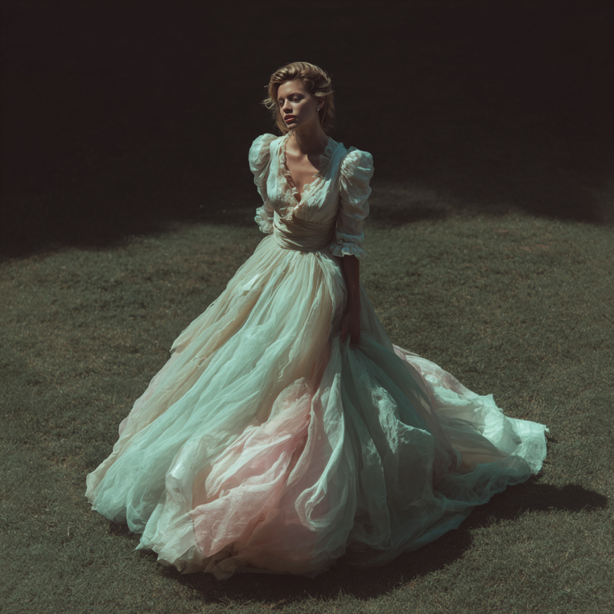 Eine Frau in einem pastellfarbenen Hochzeitskleid | Quelle: Midjourney