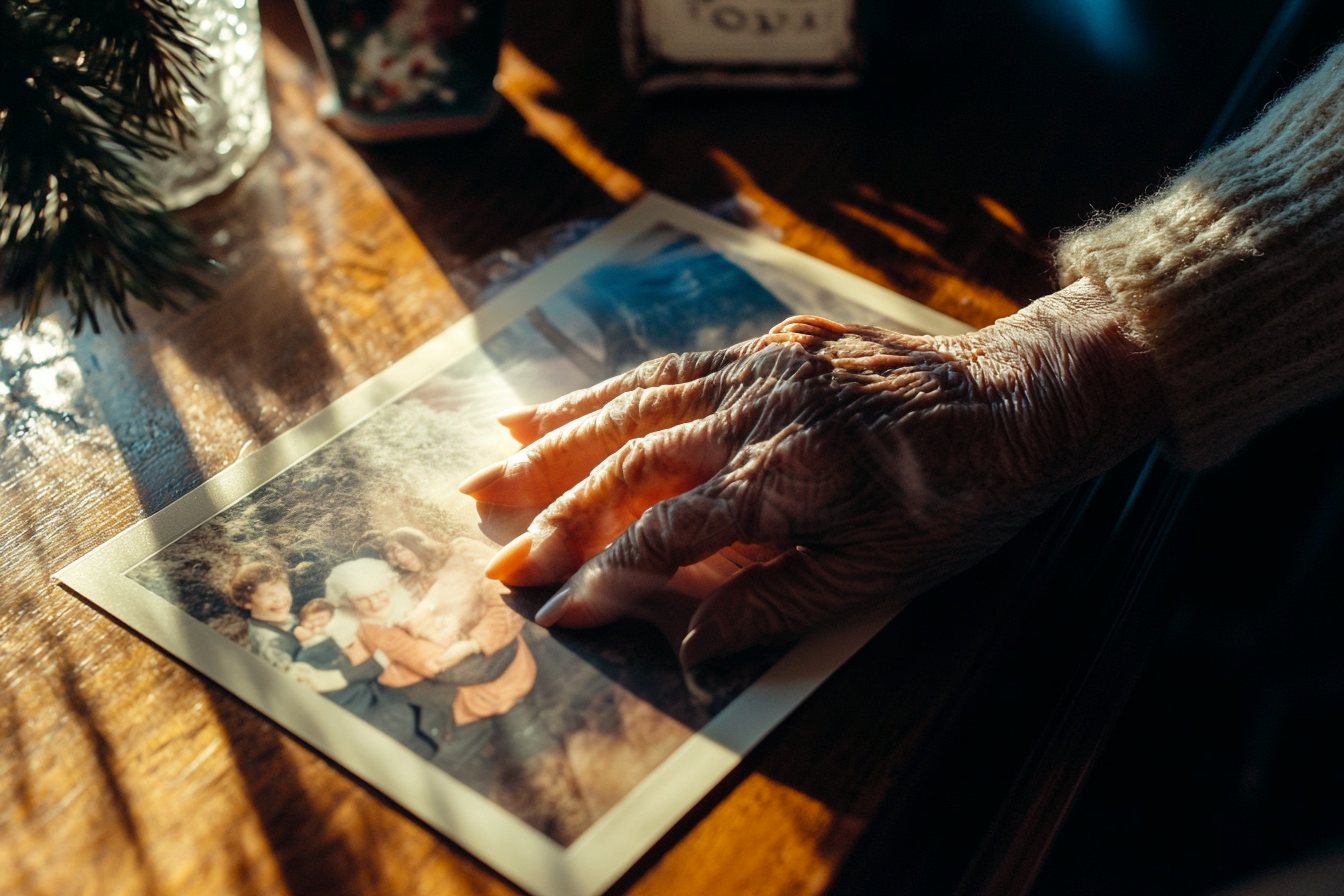 Die Hand einer Frau, die ein Foto auf dem Küchentisch zuschlägt | Quelle: Midjourney