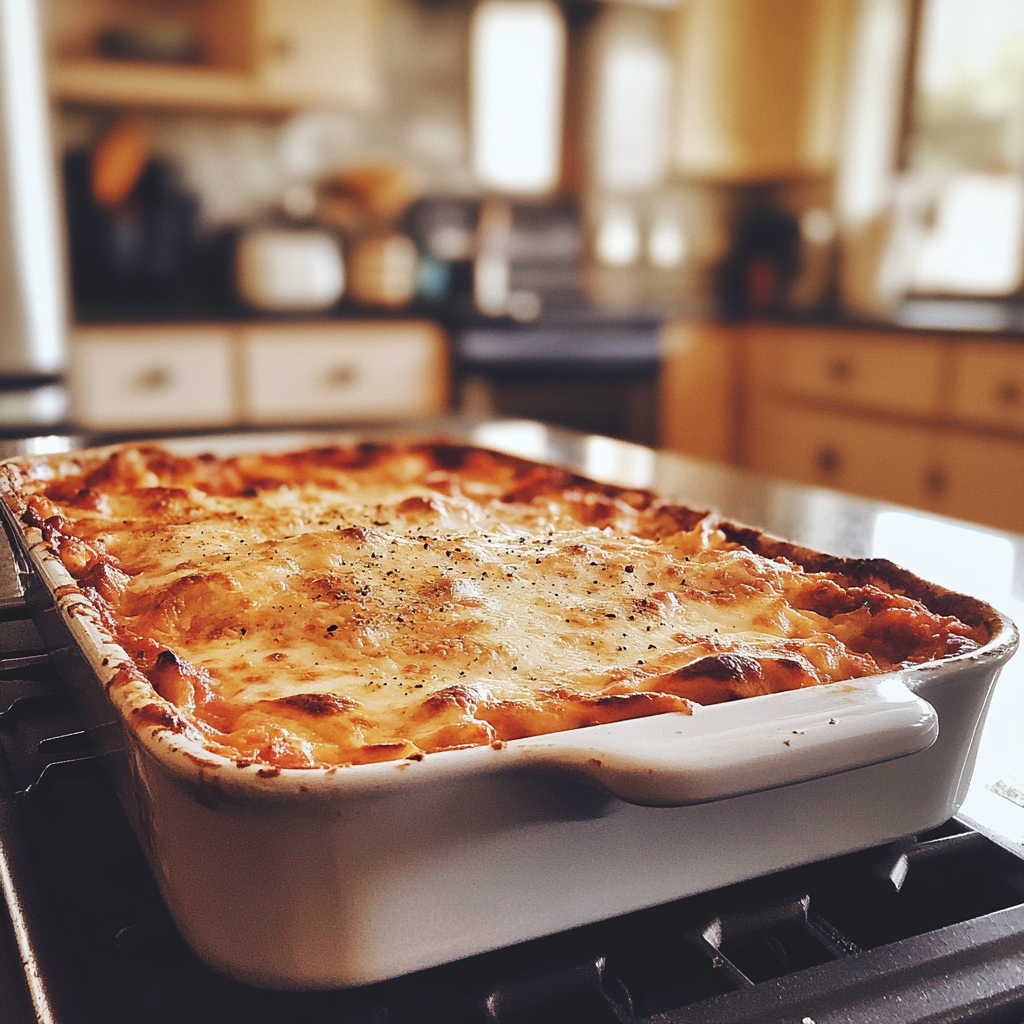 Ein Auflauf mit Lasagne auf einer Theke | Quelle: Midjourney