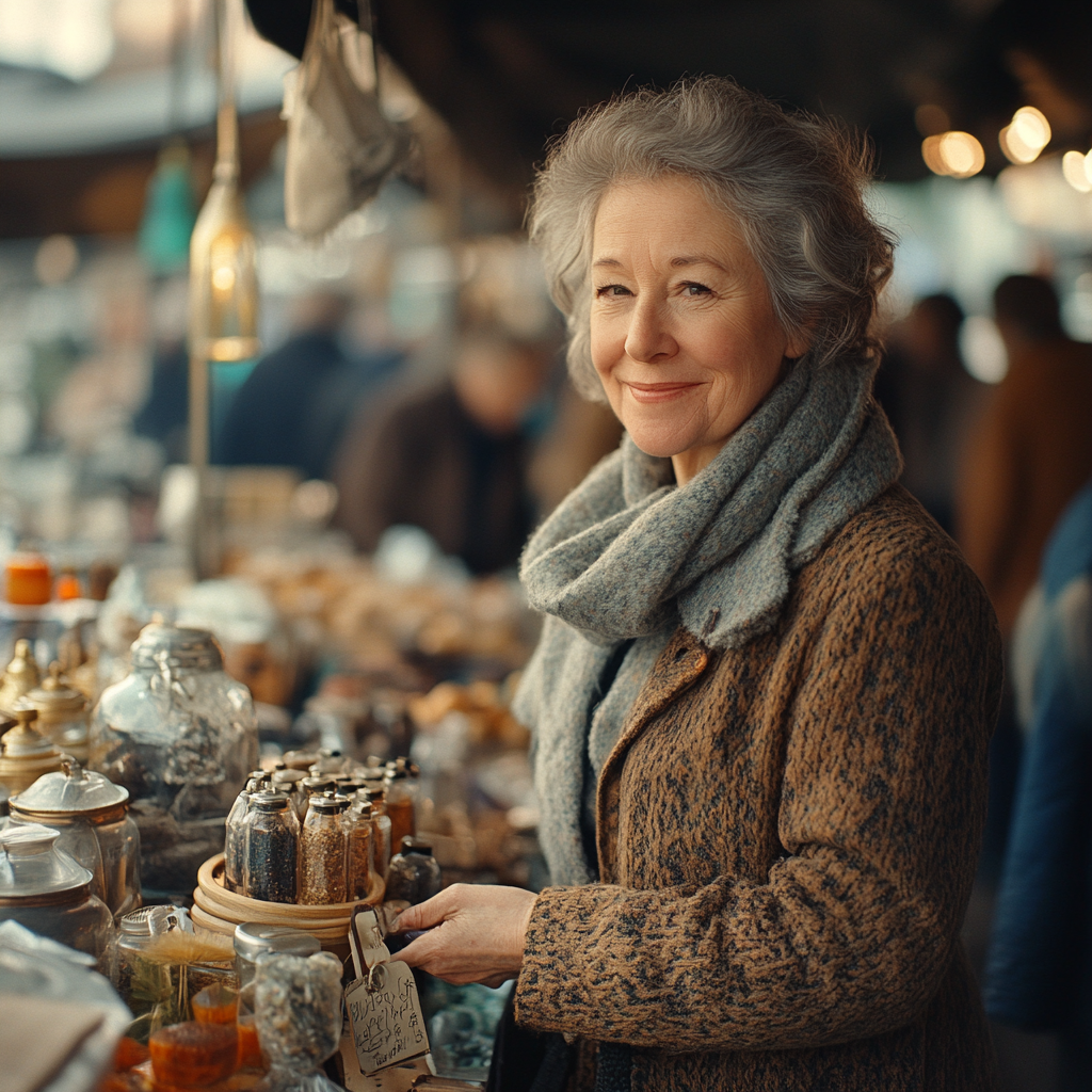 Eine glückliche Frau auf einem Flohmarkt | Quelle: Midjourney