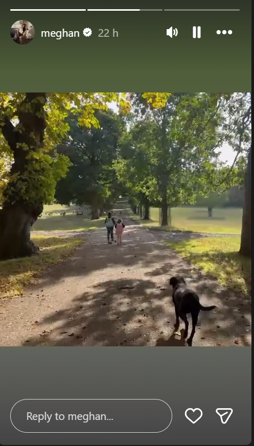 In Meghans Video war auch der Hund der Familie, Pula, zu sehen, der Archie und Lilibet auf dem von Bäumen gesäumten Feldweg folgte. | Quelle: Instagram-Story/meghan
