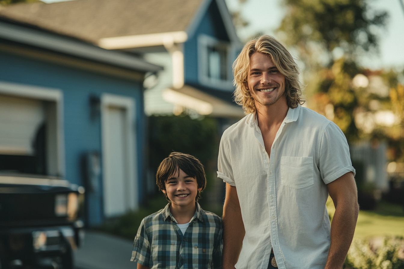 Vater und Sohn stehen mit wissendem Lächeln in der Einfahrt vor einem blauen Haus | Quelle: Midjourney