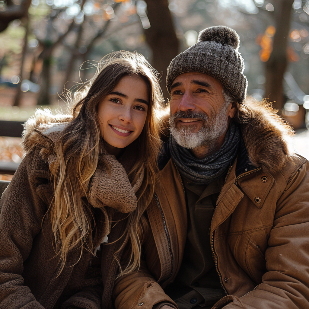 Tochter und hoffnungsvoller Vater sitzen im Park | Quelle: Midjourney