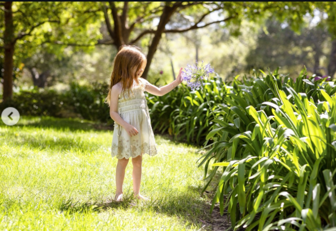 Prinzessin Lilibet erkundet einen sonnendurchfluteten Garten und streckt die Hand nach einem Büschel violetter Blumen aus; ihr cremefarbenes Kleid und ihr langes rotes Haar heben sich deutlich vom üppigen Grün ab. | Quelle: Instagram/meghan
