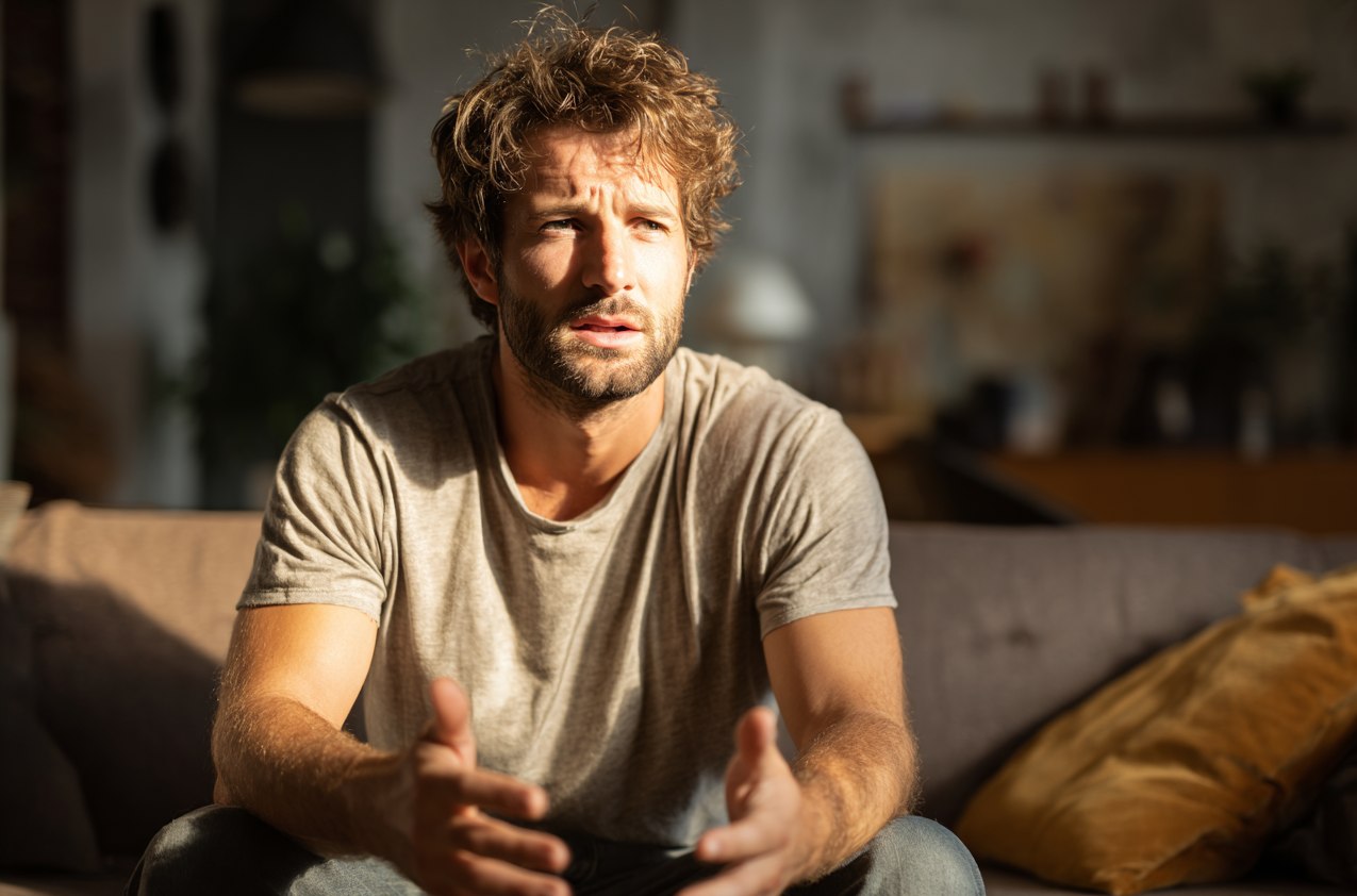 Ein Mann sitzt auf einer Couch | Quelle: Midjourney