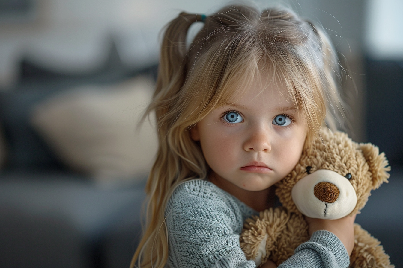 Trauriges kleines Mädchen hält einen Teddybär | Quelle: Midjourney