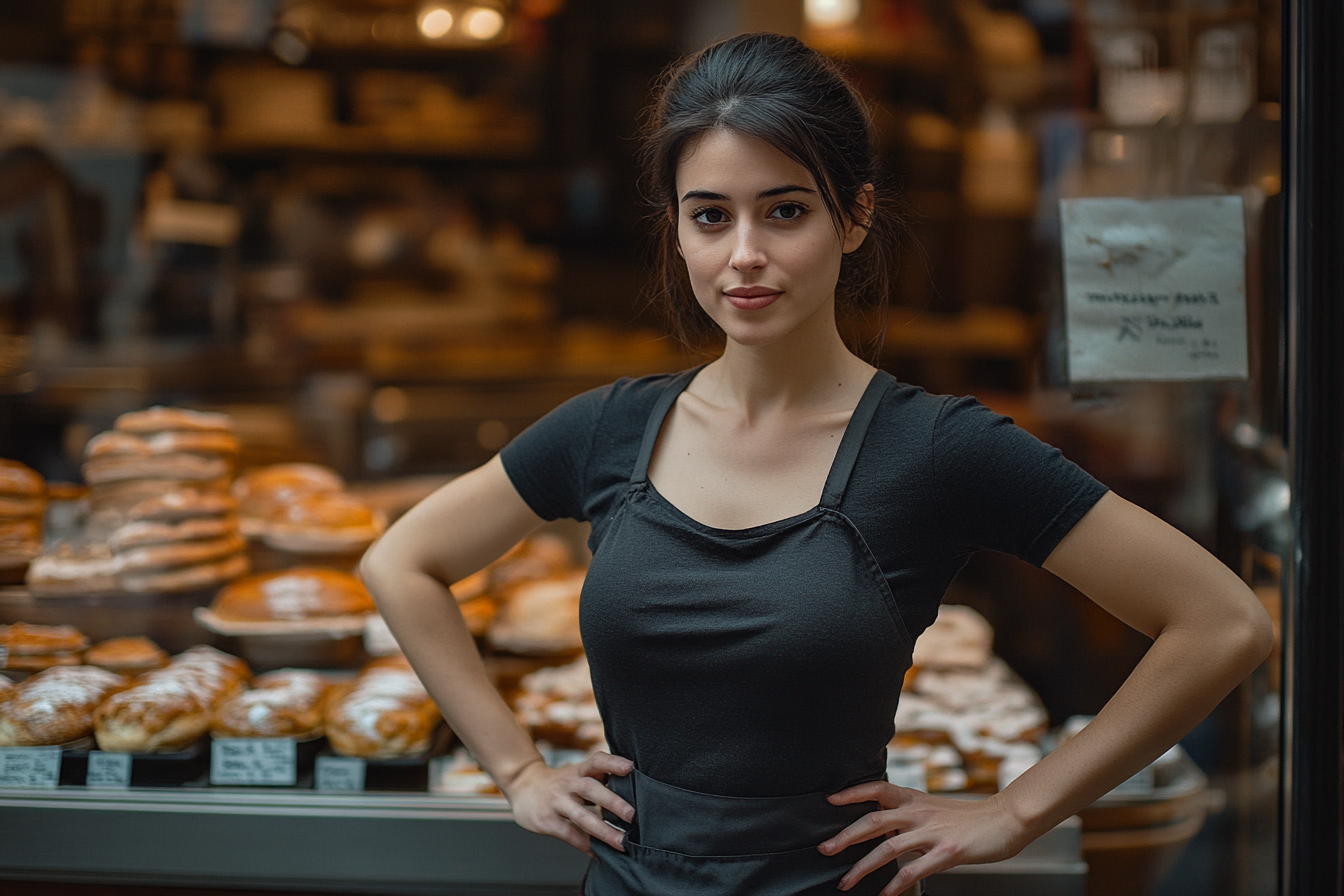 Eine selbstbewusste Frau, die in einer Bäckerei steht | Quelle: Midjourney